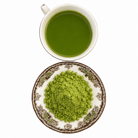 Organic Samurai Matcha Ceremony dry tea and prepared tea on a white background