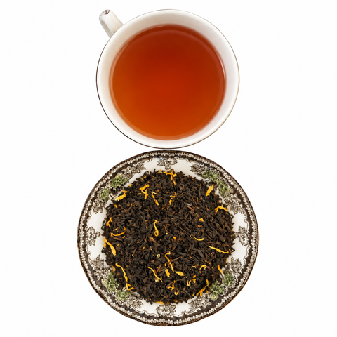Passion Fruit Tea loose-leaf tea with brewed tea on a white background
