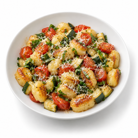 Zucchini & Tomato Sheet-Pan Gnocchi with Peach White Balsamic Vinegar — serving suggestion