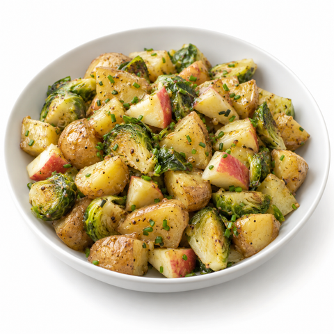 Brussels Sprout & Apple Warm Potato Salad with Peach White Balsamic Vinegar — recipe serving suggestion