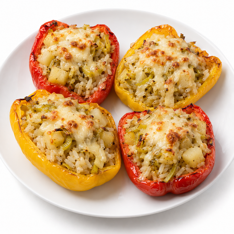 Potato & Leek Stuffed Pepper Boats with Pear Champagne — recipe serving suggestion