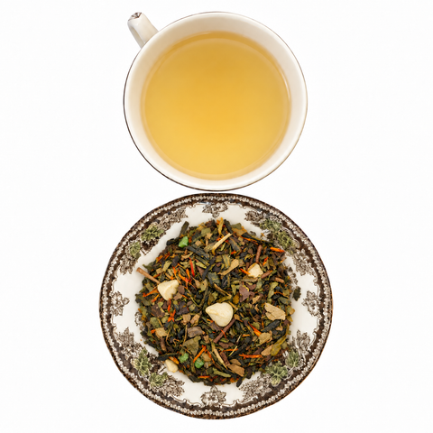 Peppermint Bark loose-leaf tea with brewed tea on a white background