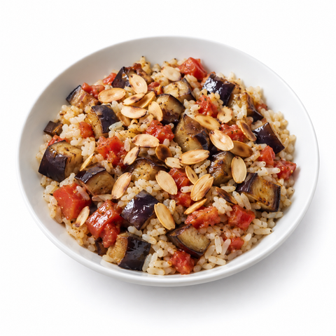 Eggplant & Tomato Rice Pilaf Bowl with Pineapple Balsamic — serving suggestion