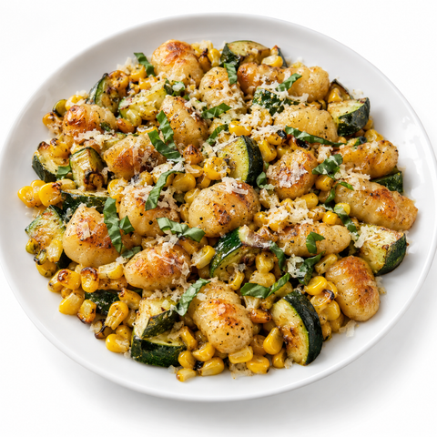 Corn & Zucchini Sheet-Pan Gnocchi with Pineapple Balsamic Vinegar 375 — recipe serving suggestion