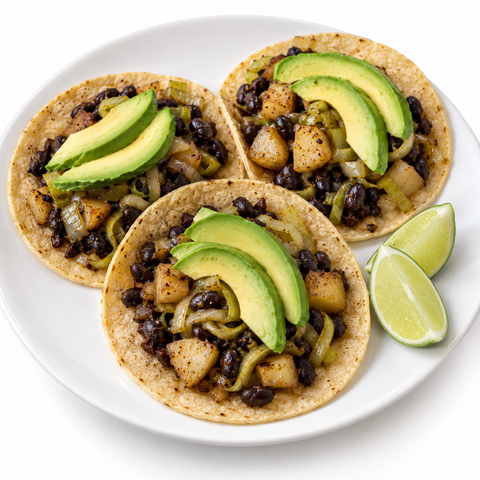 Potato & Leek Black Bean Tacos with Pomegranate Balsamic Vinegar — recipe serving suggestion