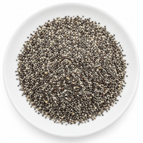 Poppy Seed, whole dry product on a plain white plate against a white background