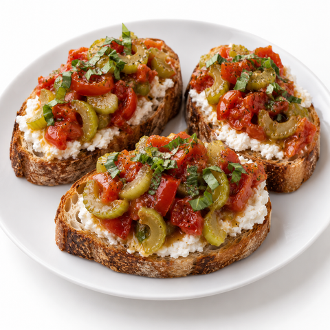 Celery & Tomato Ricotta Toasts with Raspberry Balsamic Reserve Vinegar — recipe serving suggestion