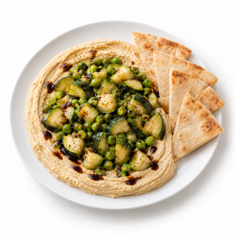 Zucchini & Pea Hummus Plate with Raspberry Balsamic Vinegar — serving suggestion