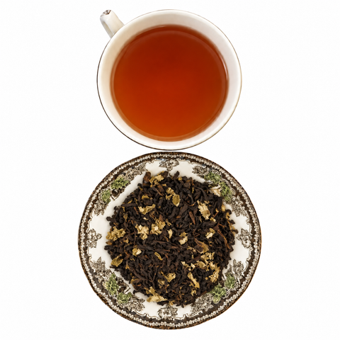 Raspberry Fruit Tea loose-leaf tea with brewed tea on a white background