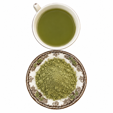 Raspberry Matcha dry tea and prepared tea on a white background