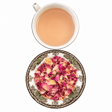 Rose Petals dry tea and prepared tea on a white background