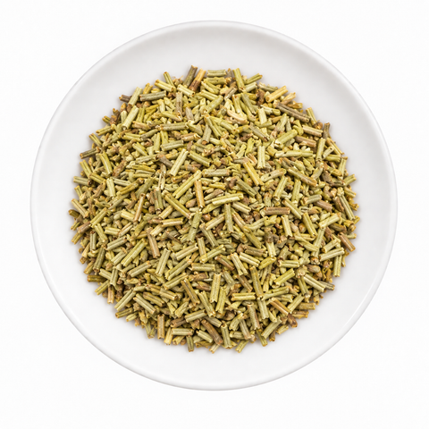 Rosemary dry product on a plain white plate against a white background
