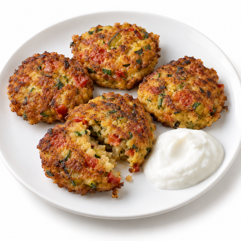 Zucchini & Tomato Chickpea-Flour Fritters with Rosemary Olive Oil — recipe serving suggestion