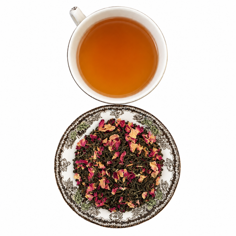 Rosy Disposition, Organic loose-leaf tea with brewed tea on a white background