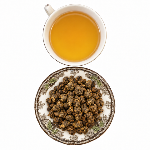 Royal Gui Fei Oolong loose-leaf tea with brewed tea on a white background