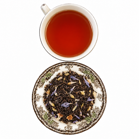 Russian Earl Grey dry product and prepared infusion on a white background