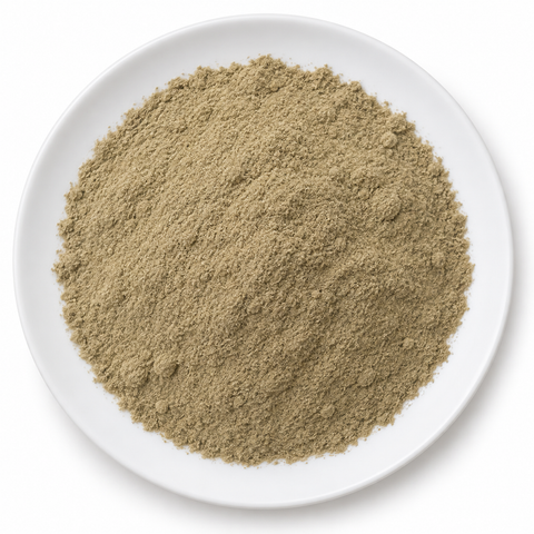 Sage Powder dry product on a plain white plate against a white background