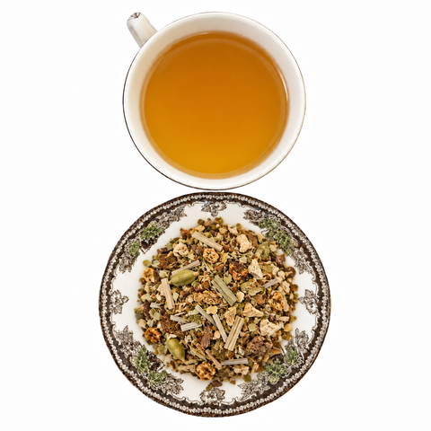 Samurai Mate loose-leaf tea with brewed tea on a white background