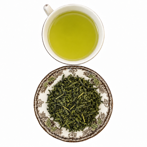 Sencha Tenkaichi loose-leaf tea with brewed tea on a white background