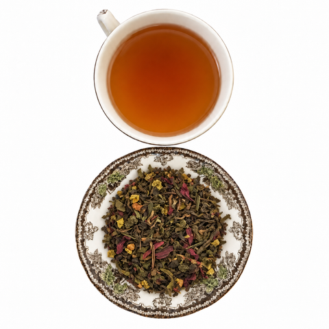 Shed The Weight loose-leaf tea with brewed tea on a white background