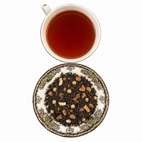 Soda Fountain Tea dry blend and prepared black tea on a white background