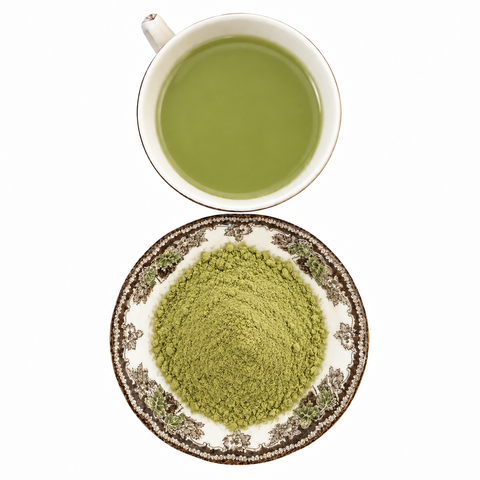Strawberry Matcha, Organic dry tea and prepared tea on a white background