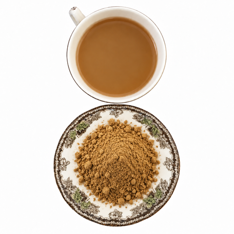 Sweet Roasted Matcha dry tea and prepared tea on a white background