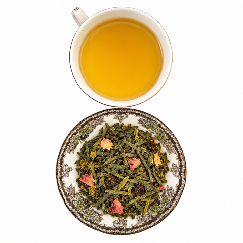 Tart Cherry loose-leaf tea with brewed tea on a white background