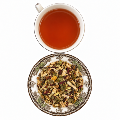 Throat Therapy dry tea and prepared tea on a white background