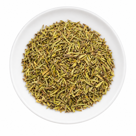Thyme dry product on a plain white plate against a white background