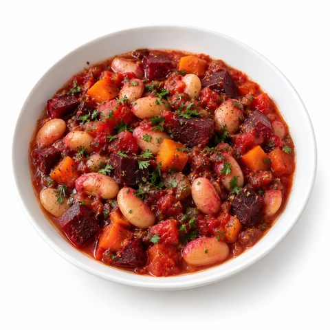 Beet & Carrot Tomato-Braised Butter Beans with Thyme Olive Oil — serving suggestion