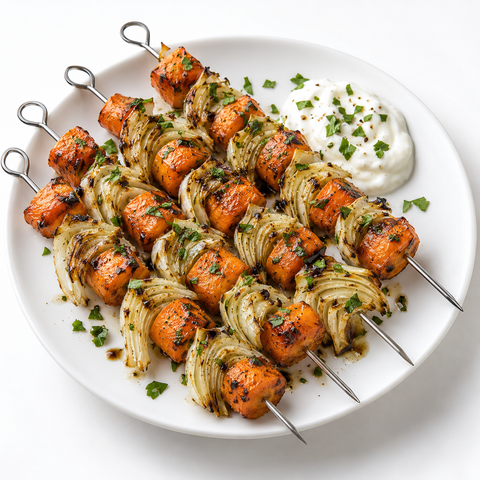 Carrot & Fennel Vegetable Skewers with Tomato Basil Balsamic Vinegar — recipe serving suggestion