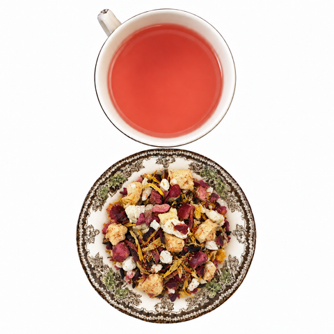 Tropical Melon Breeze dry tea and prepared tea on a white background