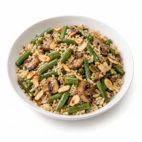 Green Bean & Mushroom Rice Pilaf Bowl with Truffle Balsamic Vinegar — serving suggestion