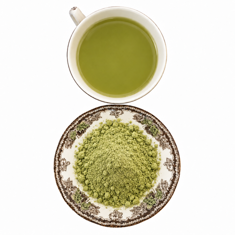 Vanilla Matcha dry tea and prepared tea on a white background