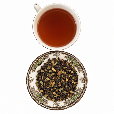 Vanilla Mint dry tea and prepared tea on a white background