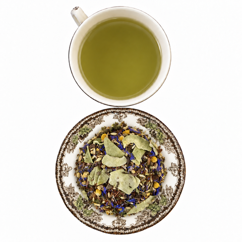 Vitality Boost dry tea and prepared tea on a white background