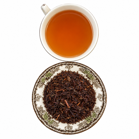 Wakoucha Japanese Black loose-leaf tea with brewed tea on a white background