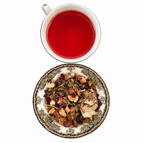 Watermelon Mint dry tea and prepared tea on a white background