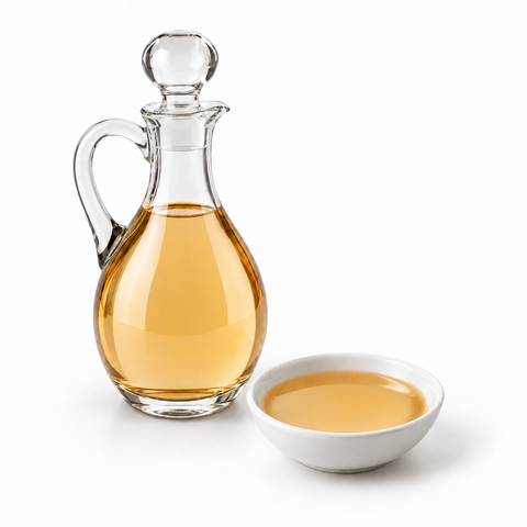 Light golden balsamic vinegar in a clear glass serving cruet and white tasting bowl