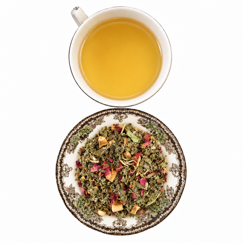 Wiccan Women's Brew dry tea and prepared tea on a white background