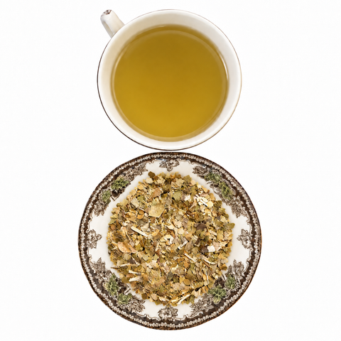 Yerba Mate, organic loose-leaf tea with brewed tea on a white background