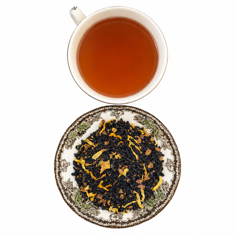 Hazelwood Creme Decaf loose tea and brewed cup